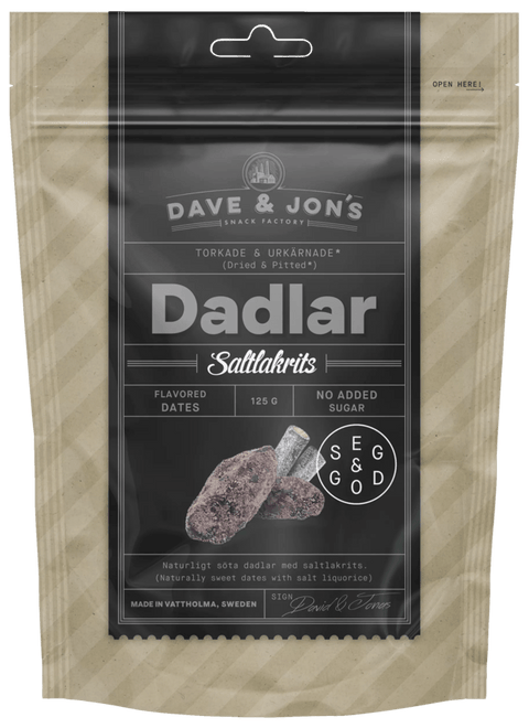 Dave & Jon`s salt lakris dadler 125 gr - Kinsarvik NaturkostTørket frukt & bærDave & jon`sR7350054795623#helsekost#