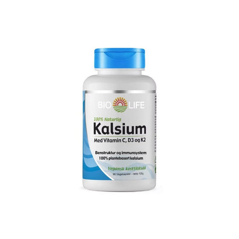 Bio Life Kalsium med vitamin C, D3 & K2 90 kap - Kinsarvik NaturkostKalsiumBio life5060319000295helsekost