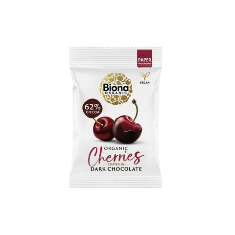Biona dark chocolate coated cherries 45 g - Kinsarvik NaturkostTørket frukt & bærBiona5032722320062helsekost