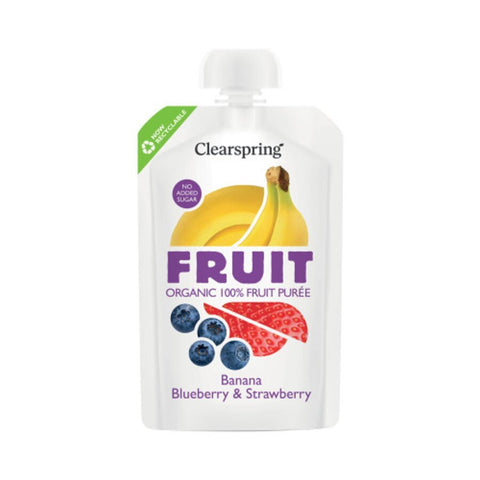 ClearSpring fruktpuré banan, blåbær, jordbær økologisk 100 g - Kinsarvik NaturkostFruktpuré for babyClearspring5021554005612helsekost