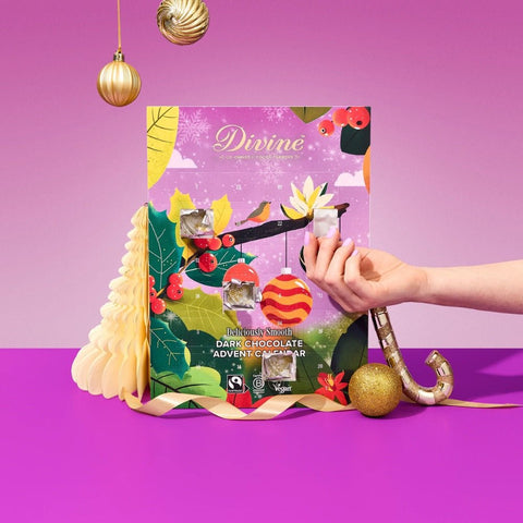 Divine vegansk julekalender mørk sjokolade 85 - Kinsarvik NaturkostJulekalenderDivine5017397001782#helsekost#